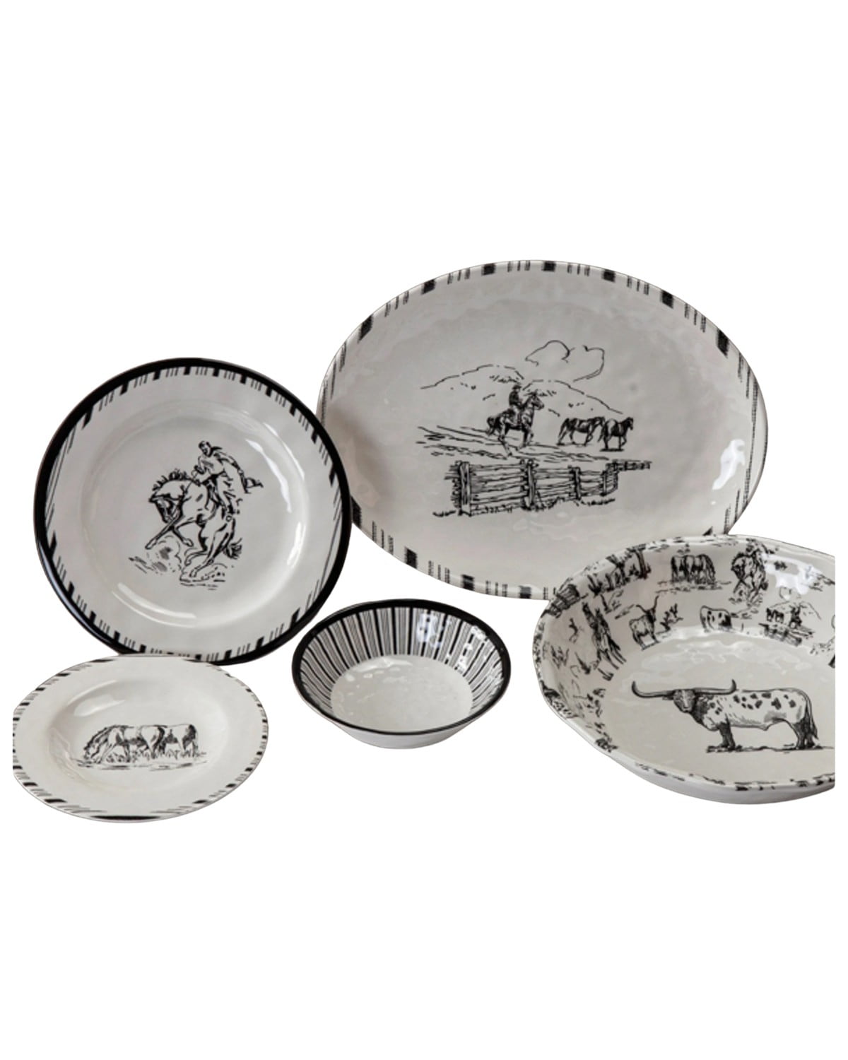 Ranch Life Black and White Melamine Western Dinnerware Set