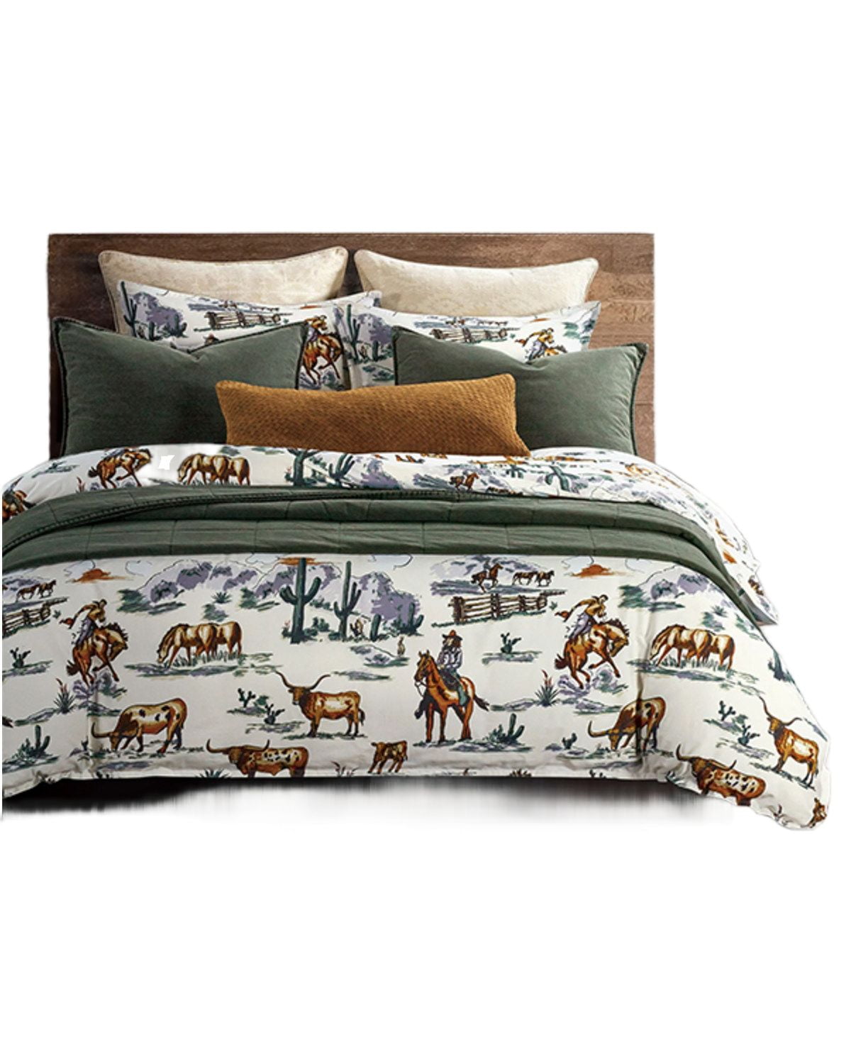 Super Queen Green and White Cotton Cowboy Duvet Set
