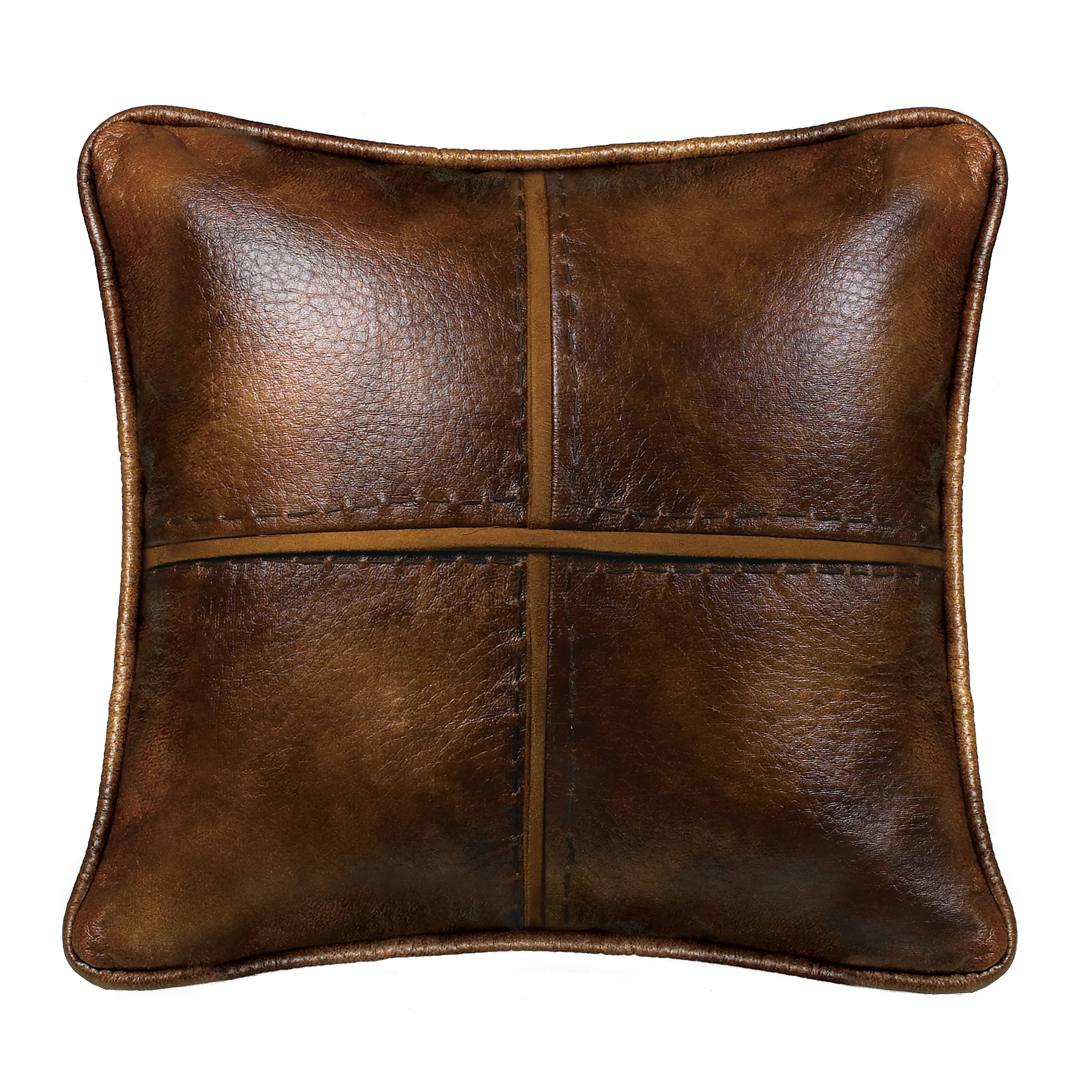 Brown Faux Leather Embroidered Square Throw Pillow