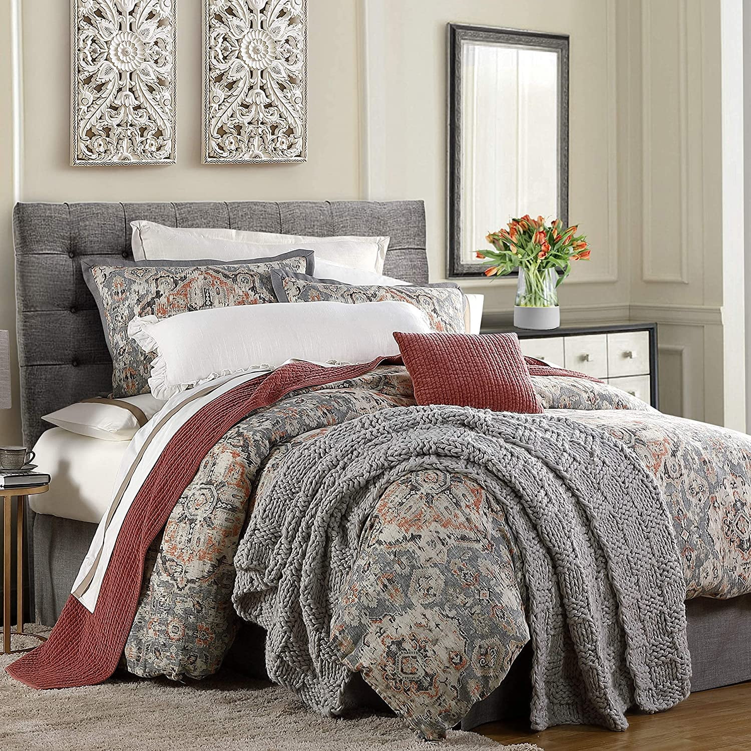King Gray Cotton Medallion Comforter Set with Shams
