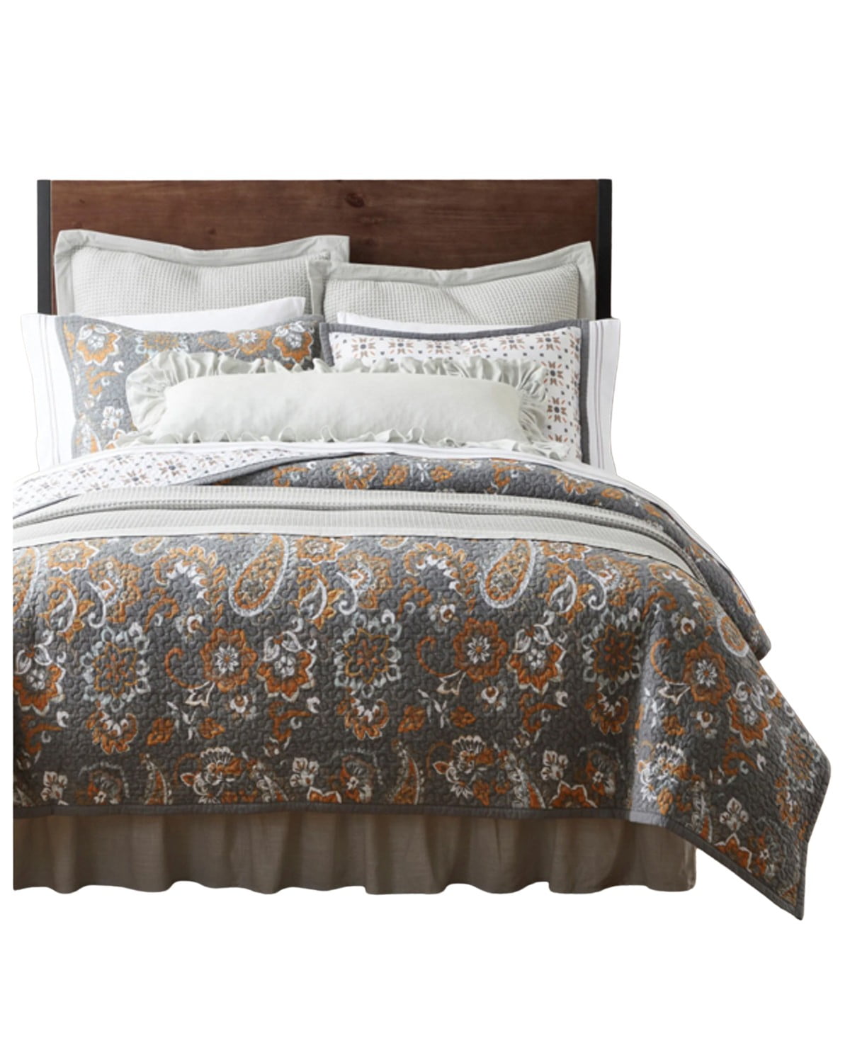 Gray Cotton King Reversible Quilt Set with Paisley Trim