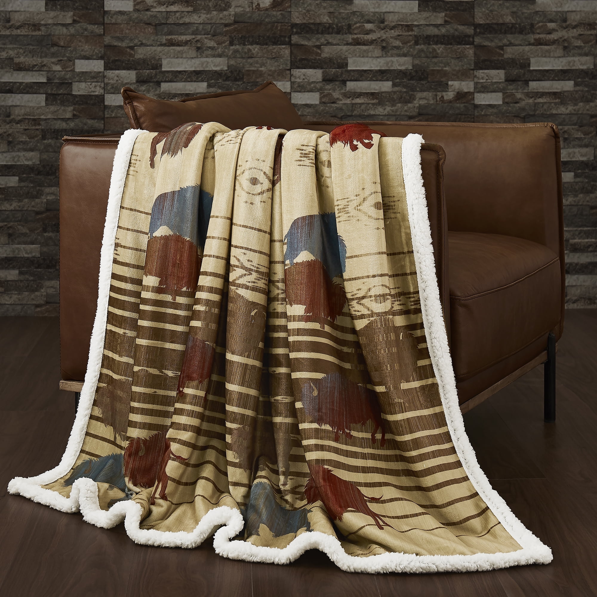 Southwestern Buffalo Print Sherpa Fleece Reversible Throw Blanket, 54x68 inch