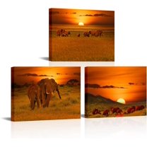 Hieng 3 Elephant at Sunset Landscape Canvas Wall Art African Animals Picture Prints Nature Sunshine Paintings for Modern Kids Room Bedroom Decorationinch Panel