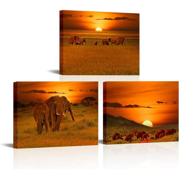Hieng 3 Elephant at Sunset Landscape Canvas Wall Art African Animals Picture Prints Nature Sunshine Paintings for Modern Kids Room Bedroom Decorationinch Panel