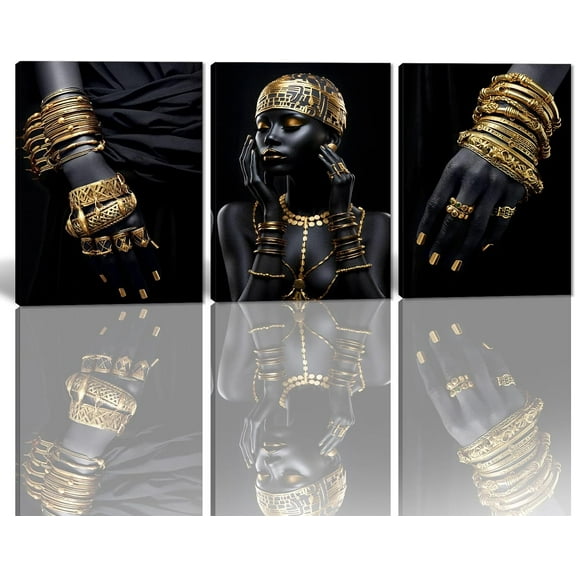 Hieng 3 Panels Abstract Black Woman Wall Art Modern American African Canvas Prints Painting for Living Room Bedroom Office - 12"x16"x3pcs