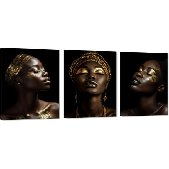 Hieng 3 Panels Abstract Black Woman Wall Art Modern American African Canvas Prints Painting for Living Room Bedroom Office - 12"x16"x3pcs