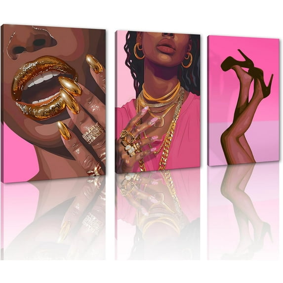 Hieng 3 Panels Abstract Black Woman Wall Art Modern American African Canvas Prints Painting for Living Room Bedroom Office - 12"x16"x3pcs