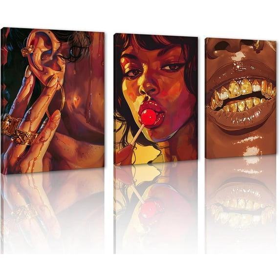 Hieng 3 Panels Abstract Black Woman Wall Art Modern American African Canvas Prints Painting for Living Room Bedroom Office - 12"x16"x3pcs