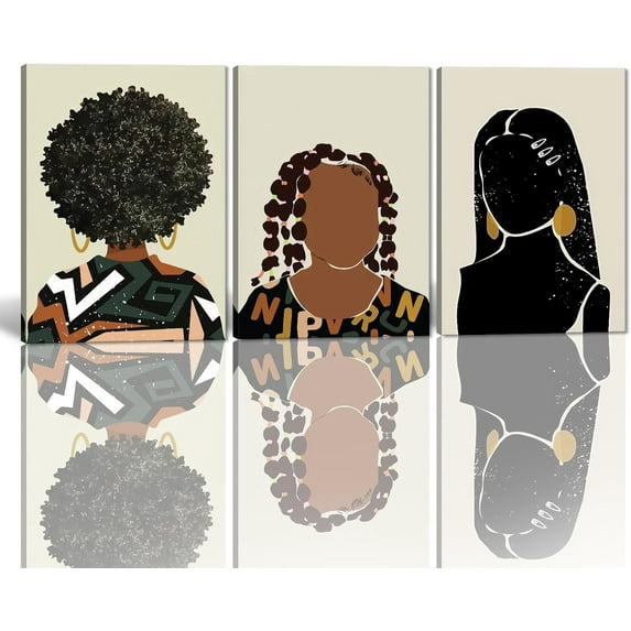 Hieng 3 Panels Abstract Black Woman Wall Art Modern American African Canvas Prints Painting for Living Room Bedroom Office - 12"x16"x3pcs