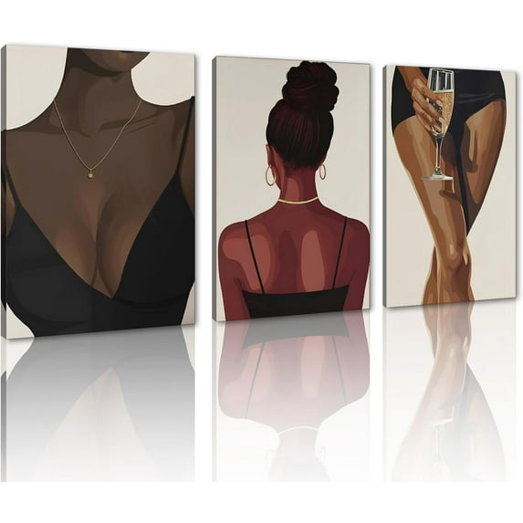 Hieng 3 Panels Abstract Black Woman Wall Art Modern American African Canvas Prints Painting for Living Room Bedroom Office - 12"x16"x3pcs
