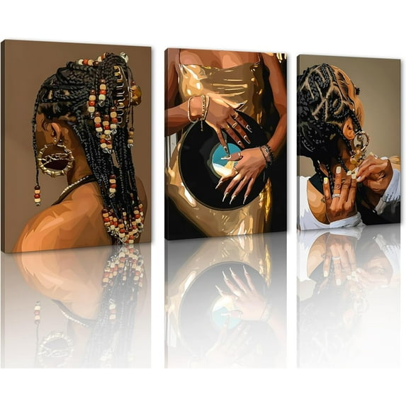 Hieng 3 Panels Abstract Black Woman Wall Art Modern American African Canvas Prints Painting for Living Room Bedroom Office - 12"x16"x3pcs