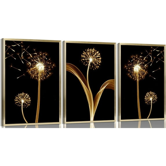 Hieng 3 Pcs Abstract Golden Dandelion Wall Art black gold Plant Pictures Paintings Artwork Modern minimalist dandelion wall decor prints for Living room bedroom office decoration Unframed