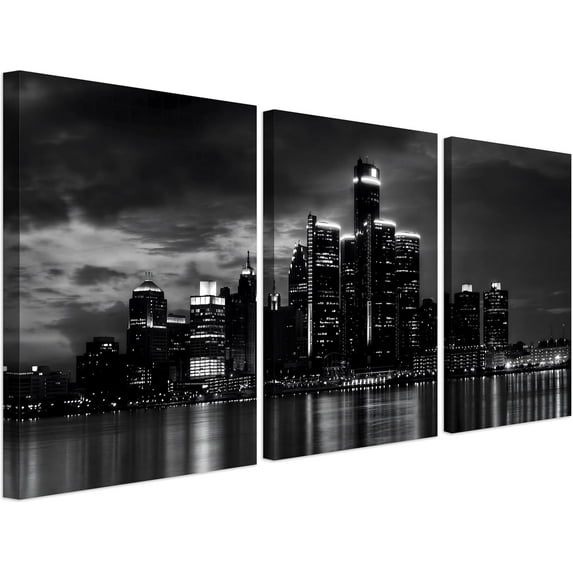 Hieng 3 Pcs Wall Art Dallas Skyline Black & White Canvas Art Paintings For Room Decor Dallas Cityscape Skyscrapers Night Scene Picture Prints On Canvas For Home Decor Modern Giclee Framed