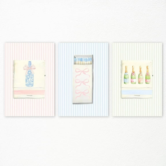 Hieng 3 Piece-12x16in Bow Matchbox Champagne Print Poster, Trendy Aesthetic Matchbook Canvas Wall Art, Preppy Matches Poster, Colorful Coquette Champagne Picture,College Dorm Wall Decor