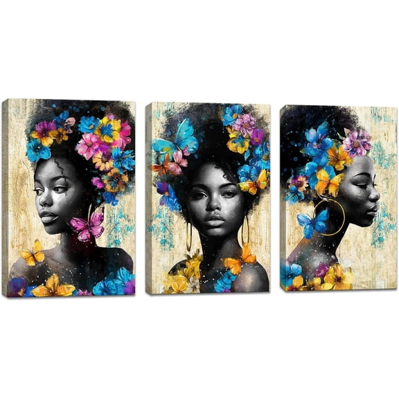 Hieng 3 Piece African American Wall Art Beautiful Black Women Painting Blue Flower Pictures Butterfly Art Prints Framed Portrait Artwork Lady Home Bathroom Bedroom Office Wall Decorations