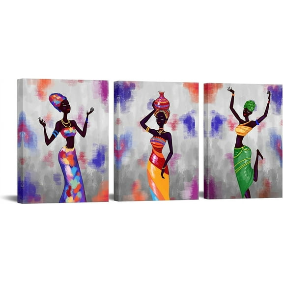 Hieng 3 Piece African Woman Wall Art Canvas Black Women Dancing in Tribal Dress Pictures Africa Artwork Painting Prints Unframed