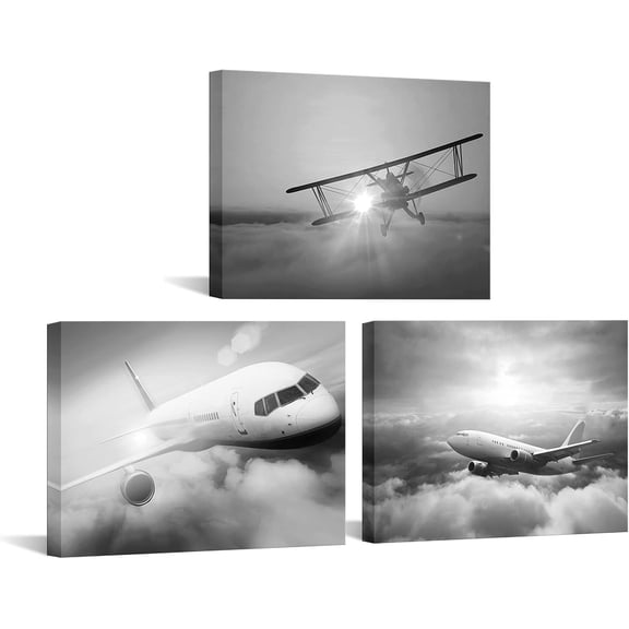 Hieng 3 Piece Black and White Plane Wall Art Airplane During Sunset Pictures Photo Giclee Print on Canvas Modern Aircraft Wall Decor for Boy Bedroom Office Living Room Unframed
