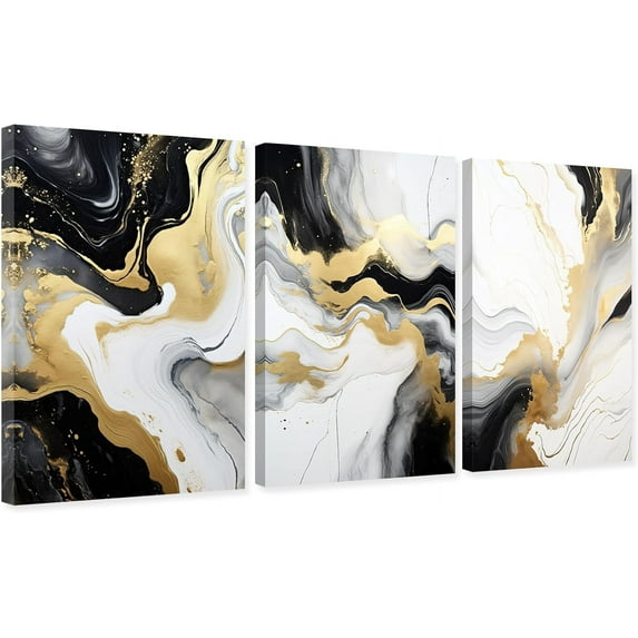 Hieng 3 Piece Black White and Gold Wall Art Abstract Canvas Pictures Modern Artwork Painting Print for Living Room Decor Unframed