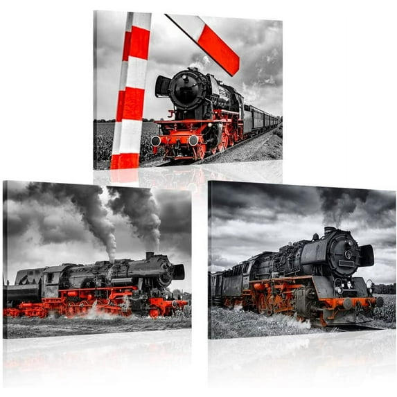 Hieng 3 Piece Canvas Wall Art Black and Red Steam Locomotive Train Poster Pritns Old Vintage Steam Engine Pictures Modern Home Decor(only canvas)