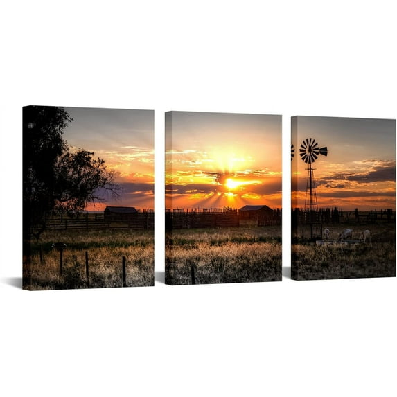 Hieng 3 Piece Farm Landscape Picture Wall Art Decor Vintage Farmhouse Windmill at Sunset Scenery Photograph Painting Giclee Canvas Print for Bedroom Decor Framed Ready to Hang (Medium)