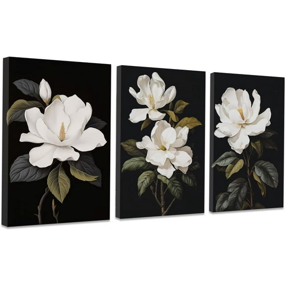 Hieng 3 Piece Floral Canvas Wall Art Magnolia Flowers Pictures Black and White Flowers Painting Prints Modern Bedroom Living Room Home Decor Unframed