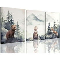Hieng 3 Piece Nursery Woodland Wildlife Canvas Wall Art Animal Forest Bear Fox Cute Wall Art Decor Poster Print Painting For Boy Baby Children's Room Unframed (only canvas)