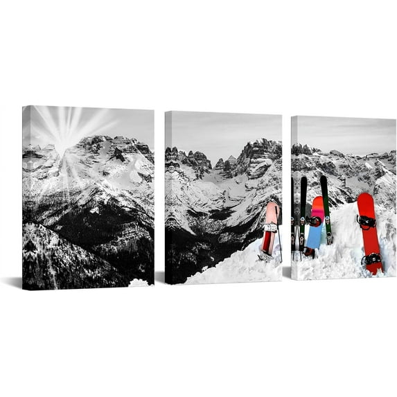 Hieng 3 Piece Ski Wall Art Decor Rocky Mountains at Sunrise Winter Landscape Picture Canvas Print Black and White Red Snowboards Photo Artwork for Home Living Room Decor Unframed