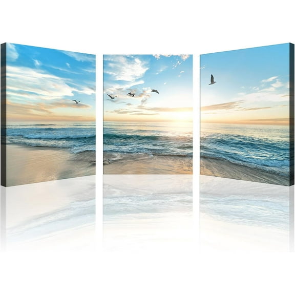Hieng 3 Pieces Beach Wall Art Sunset Bathroom Canvas Pictures Ocean Wall Decor Waves Prints Paintings for Living Room Bedroom Decorations Ready to Hang 12"x16" x 3pcs