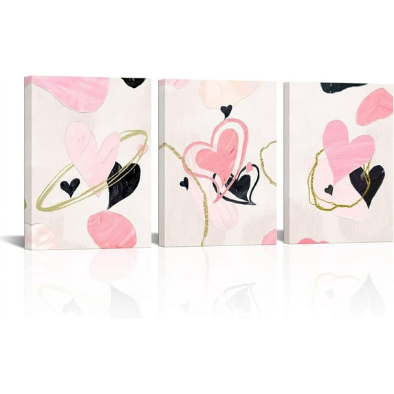 Hieng 3 Pieces Burgundy Red and Black Wall Art Decor Abstract Love Heart Paintings for Girls Women Bedroom Bathroom Decorations Valentine's Day Gifts Unframed