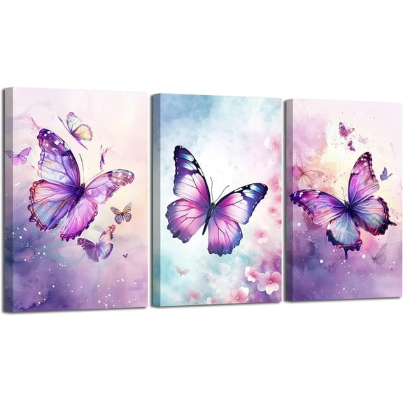 Hieng 3 Pieces Butterfly Wall Art Purple Butterfly Pictures Rustic Floral Canvas Prints Abstract Nature Insect Paintings for Girls Room Home Decor Unframed