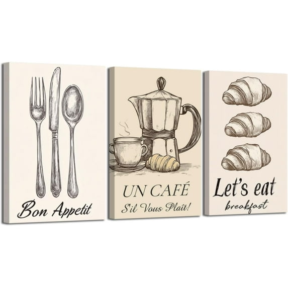 Hieng 3 Pieces Coffee Wall Art Coffee Bean and Pot Pictures Vintage Bread Food Canvas Prints Cafe Sign Paintings for Kitchen Decor Unframed