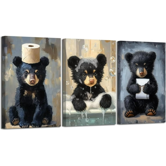 Hieng 3 Pieces Funny Bathroom Bear Wall Art Cute Black Bear with Toilet Paper Pictures Animal in Bathtub Canvas Prints Wildlife Poster for Cabin Decor
