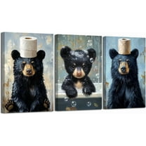 Hieng 3 Pieces Funny Bathroom Bear Wall Art Cute Black Bear with Toilet Paper Pictures Animal in Bathtub Canvas Prints Wildlife Poster for Cabin Decor