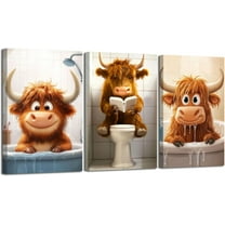 Hieng 3 Pieces Highland Cow Bathroom Wall Art Cute Cattle Baby in Bathtub Pictures Funny Calf Reading on Toilet Canvas Prints Farm Animal Paintings Decor Unframed