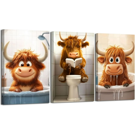 Hieng 3 Pieces Highland Cow Bathroom Wall Art Cute Cattle Baby in Bathtub Pictures Funny Calf Reading on Toilet Canvas Prints Farm Animal Paintings Decor Unframed