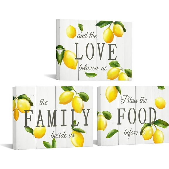 Hieng 3 Pieces Lemon Wall Art Farmhouse Yellow Kitchen Decor Love Family Food Positive Quotes Paintings for Kichen Dining Room Pantry (only canvas)