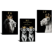 Hieng 3 Pieces Lion Family Canvas Wall Art Lion King and Queen with Gold Crown Pictures Black and White Animal Prints Wildlife Signs Poster for Home Decor