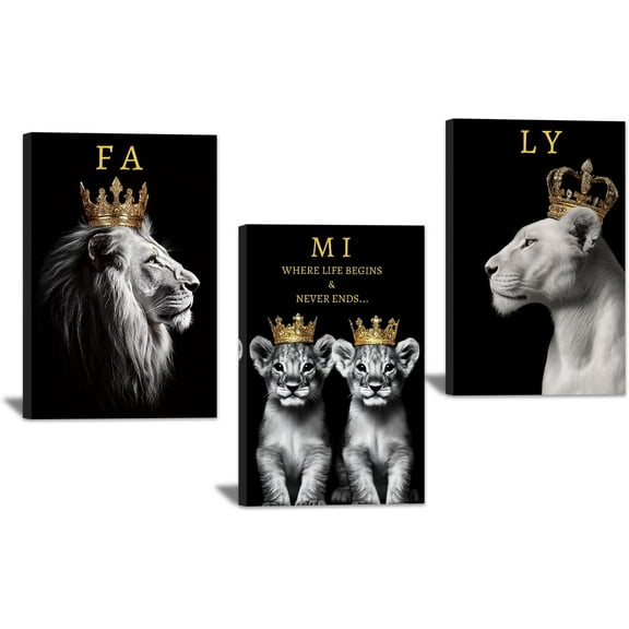 Hieng 3 Pieces Lion Family Canvas Wall Art Lion King and Queen with Gold Crown Pictures Black and White Animal Prints Wildlife Signs Poster for Home Decor