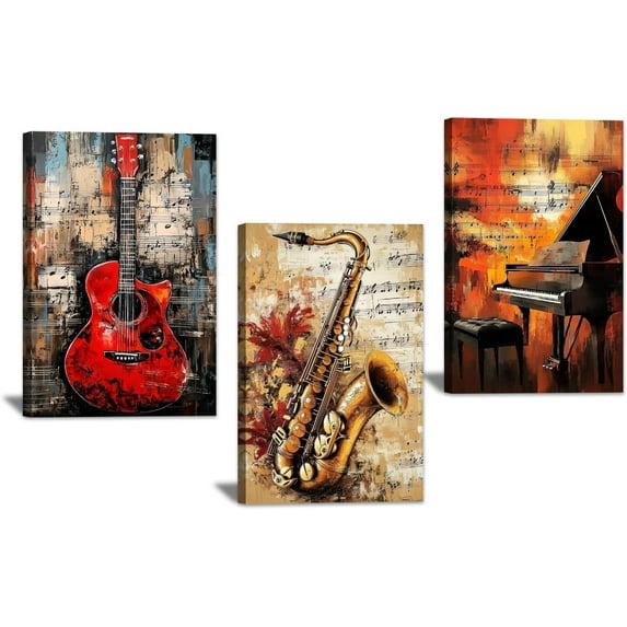 Hieng 3 Pieces Music Wall Art Vintage Guitar Saxophone Piano Pictures Musical Instruments Canvas Prints Jazz Artwork for Home Decor Unframed