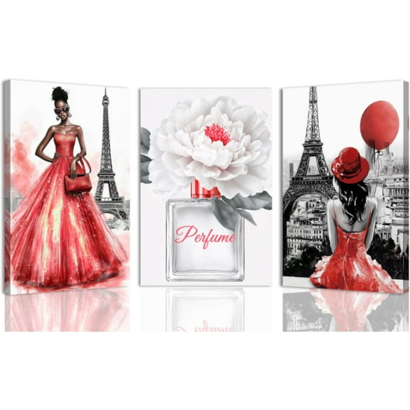 Hieng 3 Pieces Paris Wall Art Black Woman Canvas Print Black White Eiffel Tower Picture African American Poster Fashion Girls Perfume Artwork for Home Decor