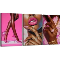 Hieng 3 Pieces Pink Black Women Wall Art African American Pictures Fashion Black Girl Canvas Prints Sexy High Heels Lips Paintings for Bedroom Decor Unframed