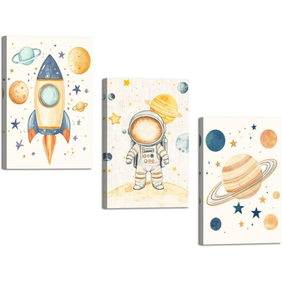 Hieng 3 Pieces Space Wall Art Astronaut Pictures Rocket Canvas Prints Space Adventure Theme Paintings Explore Dream Galaxy Artwork for Kids Room Decor Unframed