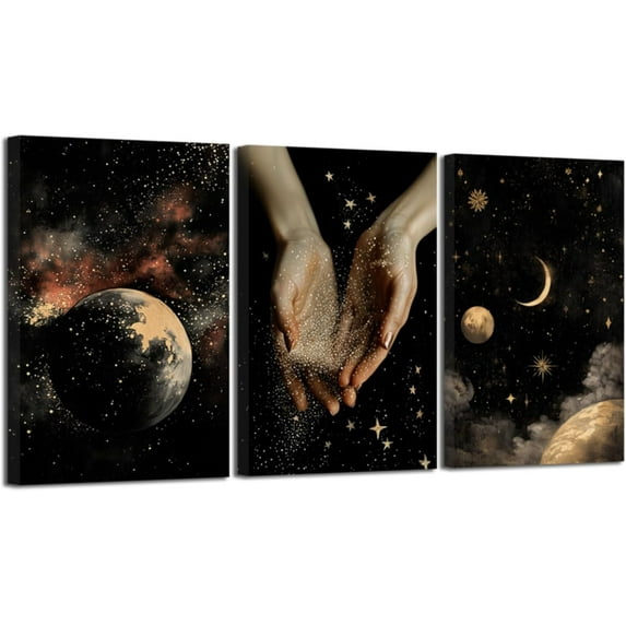 Hieng 3 Pieces Vintage Moon Wall Art Dark Gothic Celestial Pictures Moody Moon and Stars Canvas Wall Art Mystic Themed Paintings for Home Decor Unframed
