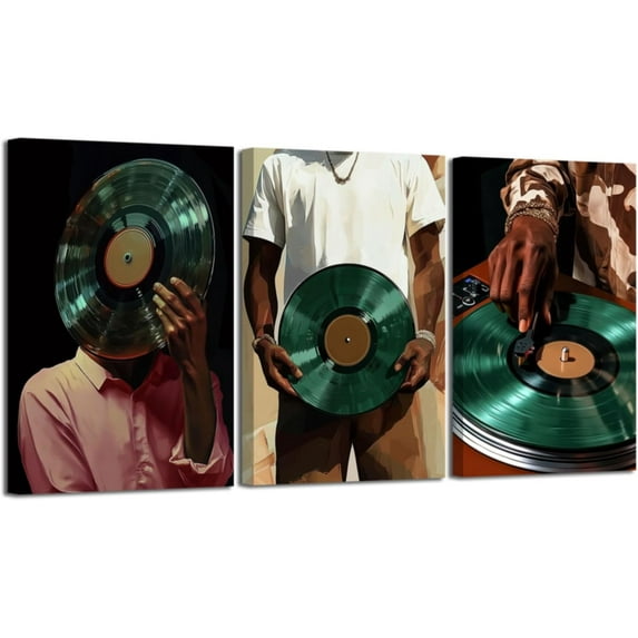 Hieng 3 Pieces Vinyl Record Wall Art Black Man DJ Pictures Vintage Record Player Canvas Prints African American Music Painting Hip-Hop Artwork for Bar Decor Unframed