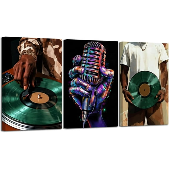 Hieng 3 Pieces Vinyl Record Wall Art Black Man DJ Pictures Vintage Record Player Canvas Prints African American Music Painting Hip-Hop Artwork for Bar Decor Unframed
