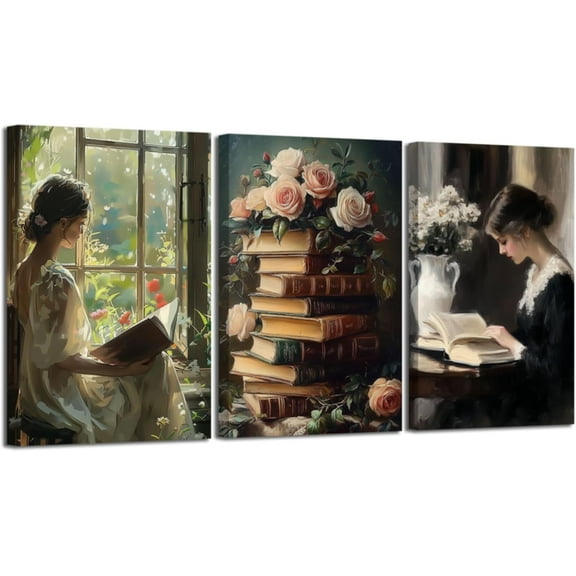 Hieng 3 Pieces Woman Reading Wall Art Moody Book Flowers Pictures Vintage Women Canvas Prints Victorian Lady Paintings Gothic Artwork for Library Decor Unframed