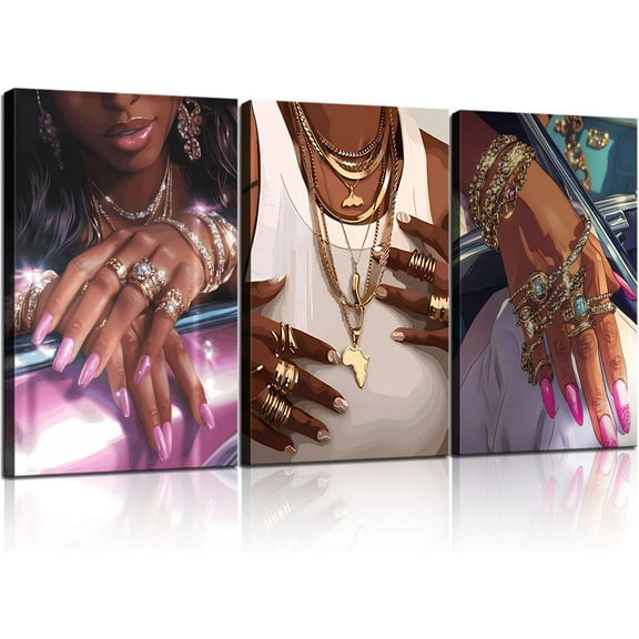 Hieng 3Pcs Black Girls Wall Art African American Fashion Canvas Print Luxury Shiny Picture Gold Jewelry Decorative Prints Posters Bedroom Living Room Salon Artwork 12X16Inch