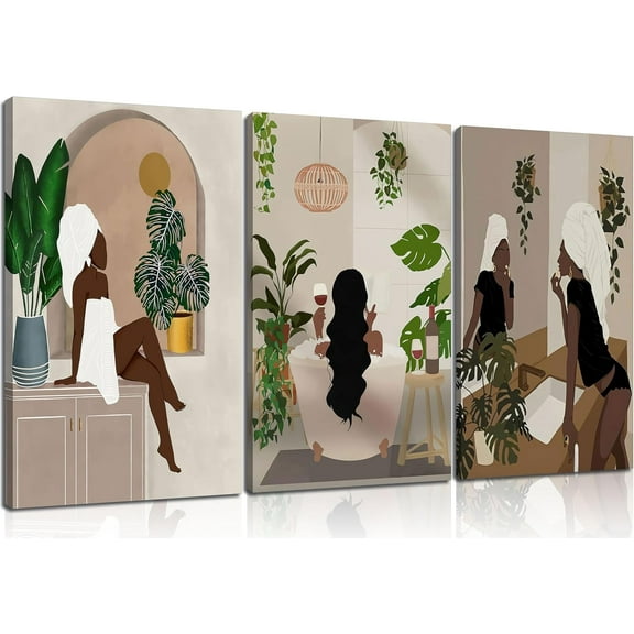 Hieng 3Pcs Black Woman Wall Art Boho Black Girl Sunflower Posters Pictures African American Canvas Prints Fashion Flower Art Paintings for Nordic Minimalist Room Bedroom Wall Decor Un