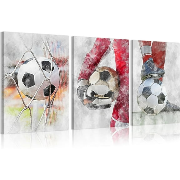 Hieng 3Pcs Soccer Painting Wall Art Kids Soccer Poster Prints Red Soccer Canvas Picture for Childs Baby Room Wall Decor Unframed(canvas only)