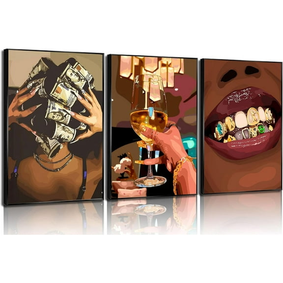 Hieng 3Pcs Trendy Luxury Girl Wall Art American African Woman Canvas Poster Prints Fashion Abstract Painting Pictures for Bedroom Living Room Bar Cart Dining Room Wall Decor in Unframed